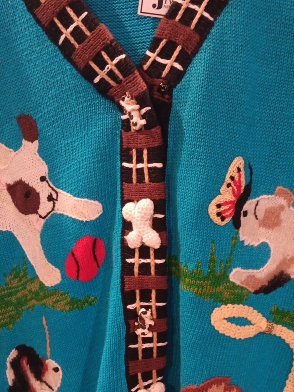 Storybook Knits Turquoise Dog Patch Cardigan with Brown Trim (Firm Price) - Picture 2 of 5